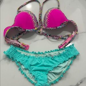 Victoria's Secret Hot Pink and Aqua Ruffled Bikini Set